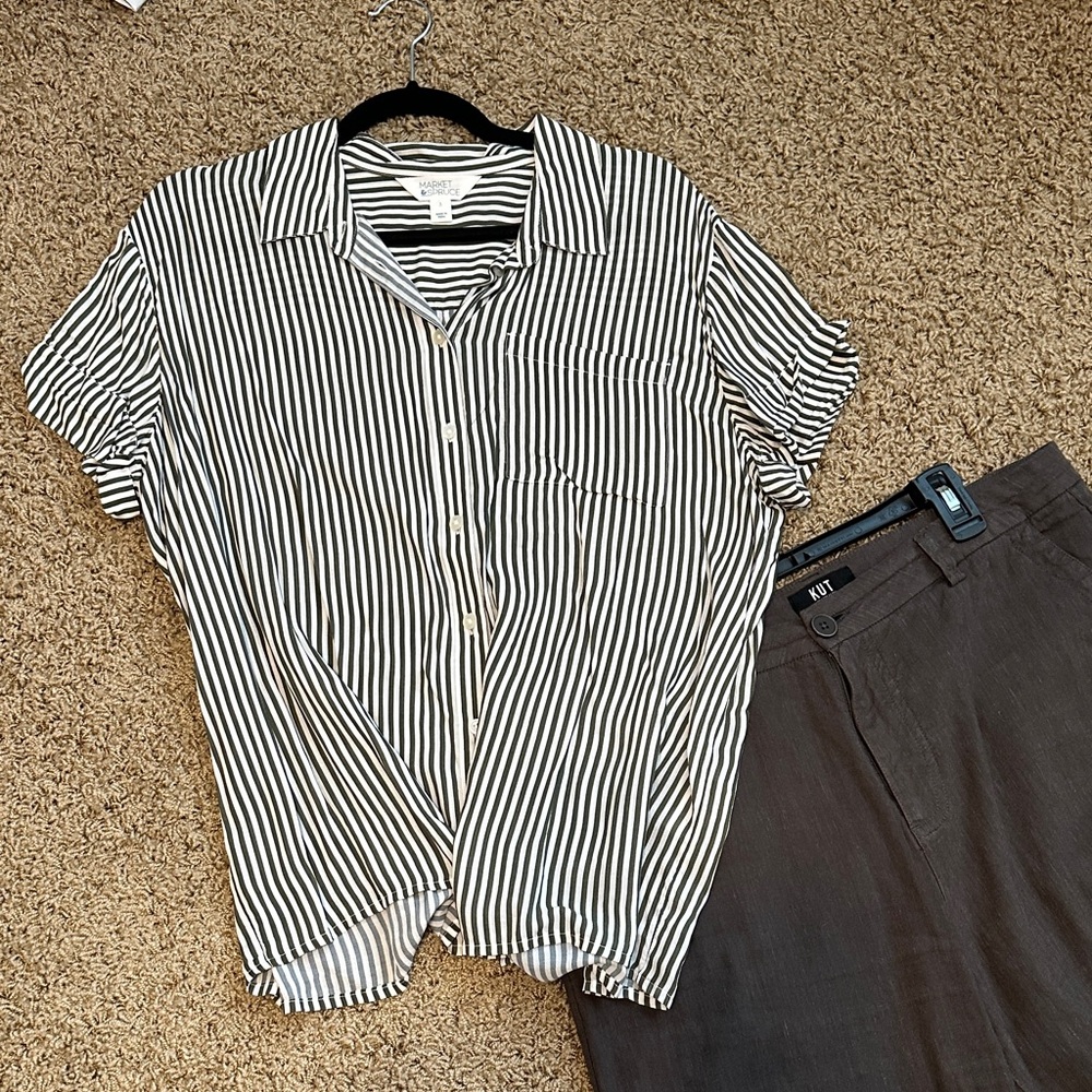 Market & Spruce Olive and White Striped Shirt